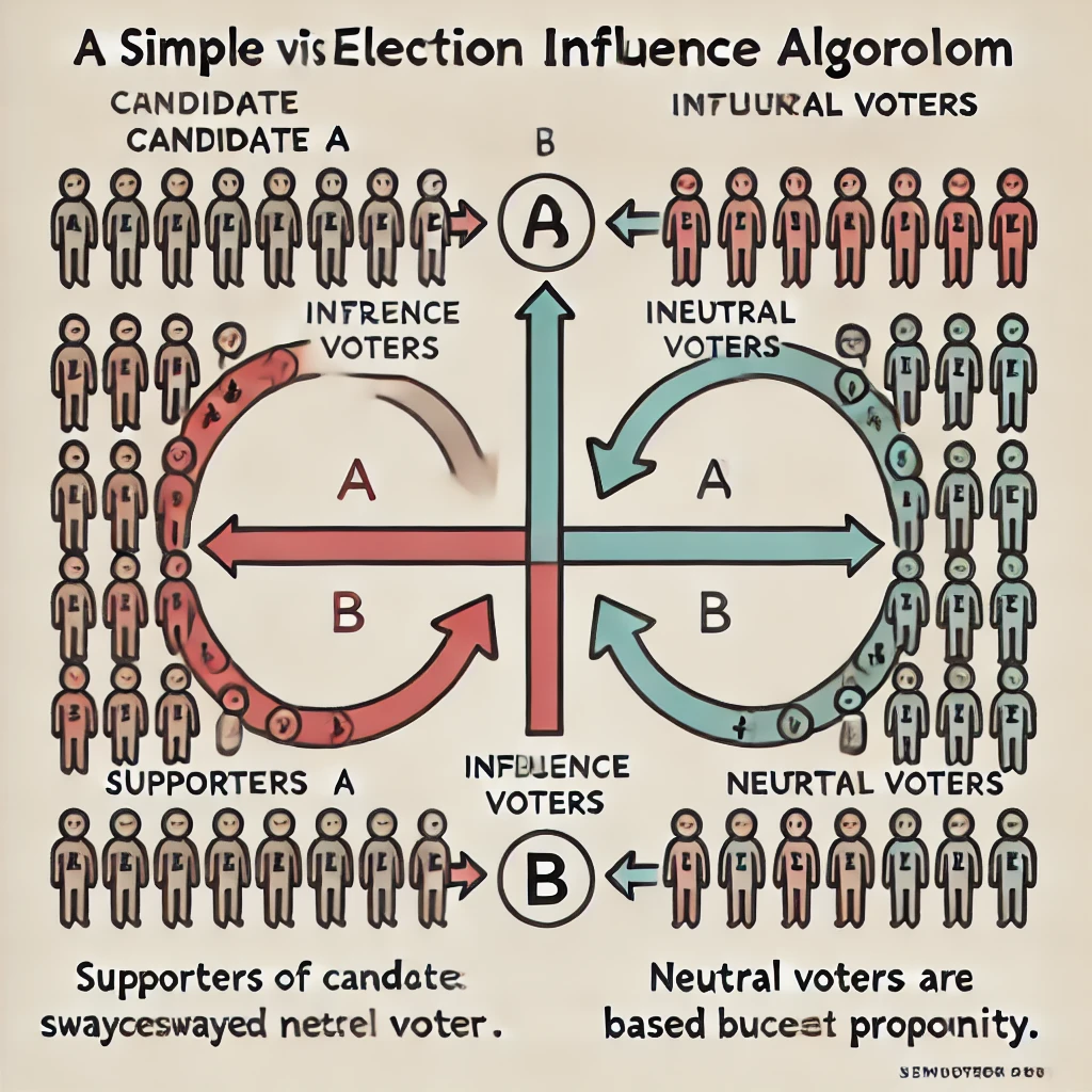 Election scenario queue with candidate supporters and neutral voters determining the winner based on influence rules.